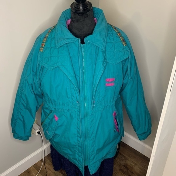 Vintage 80s Retro New Image Women's Large Teal & Purple Nylon Oversized Coat - Picture 1 of 12